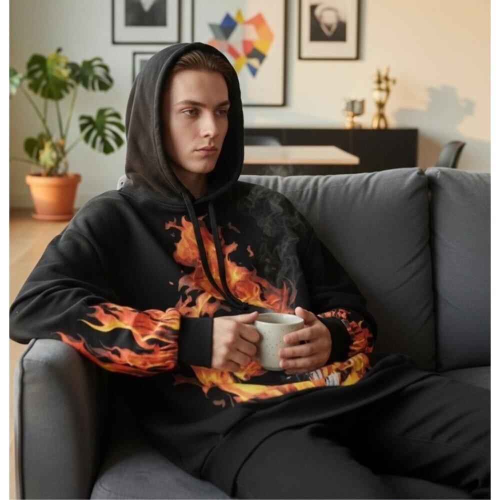 Current Mood ✦ Black Orange Flame Hoodie ✦ Detention Fire Skull Pullover S NWT - Picture 7 of 9